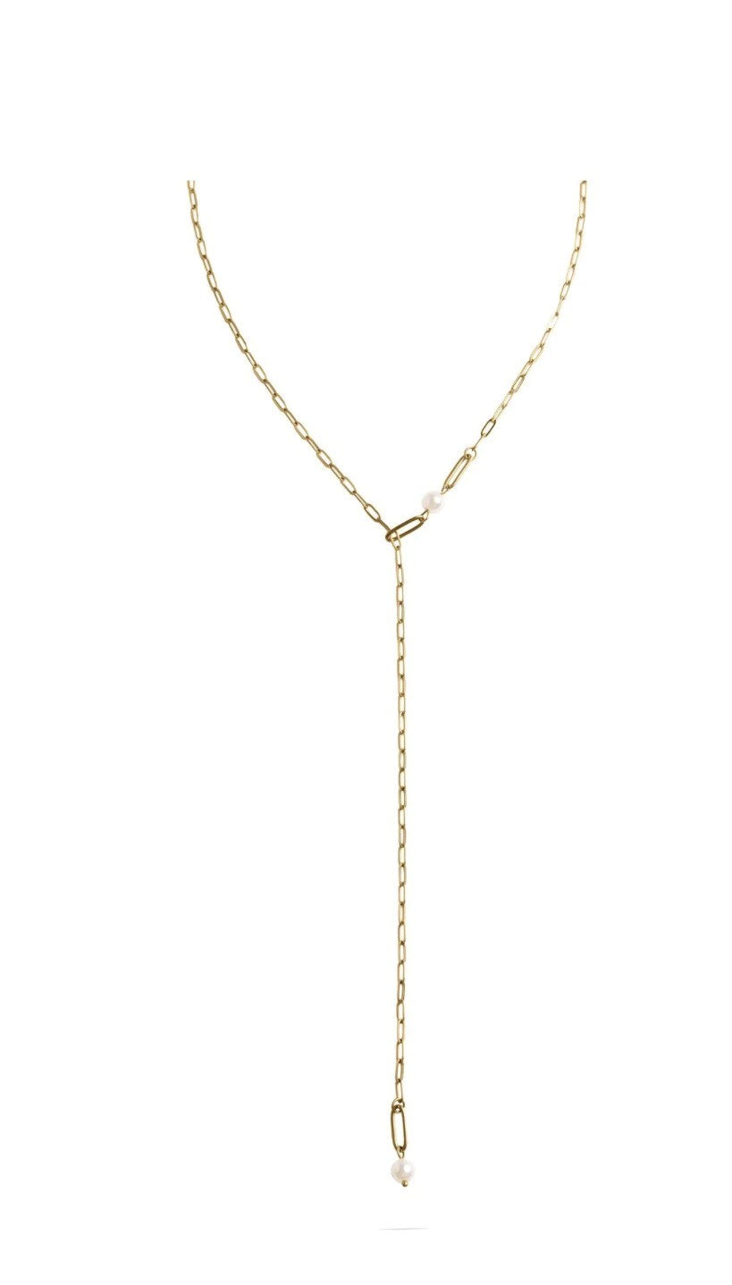 Steel Paperclip Pearl Y Necklace