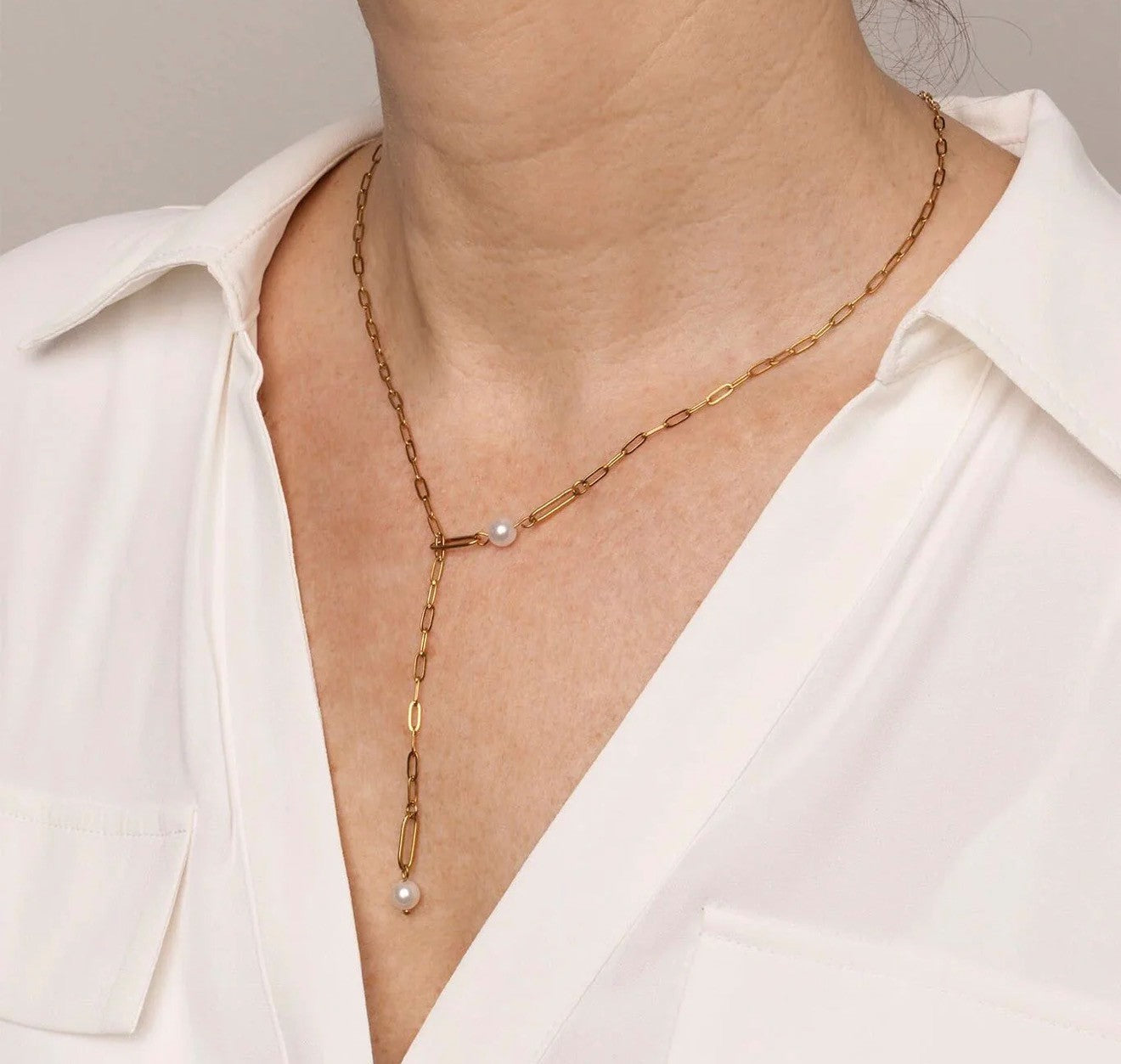 Steel Paperclip Pearl Y Necklace
