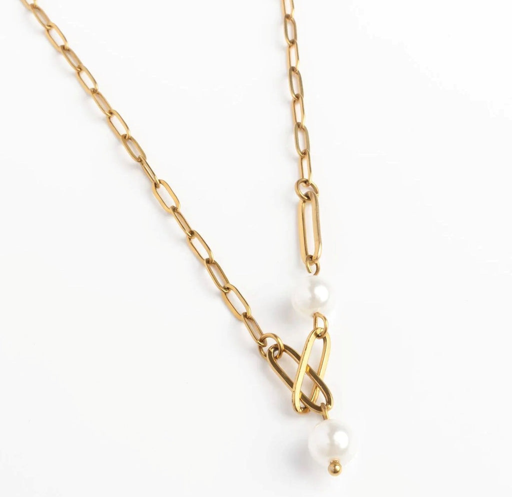 Steel Paperclip Pearl Y Necklace